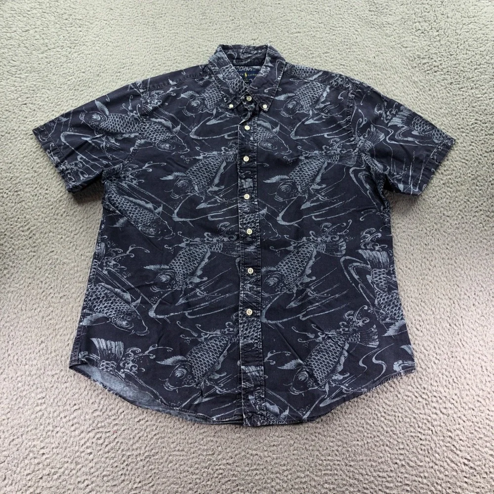 Polo Ralph Lauren Shirt Mens Extra Large Blue Koi Fish Short Sleeve Button Down